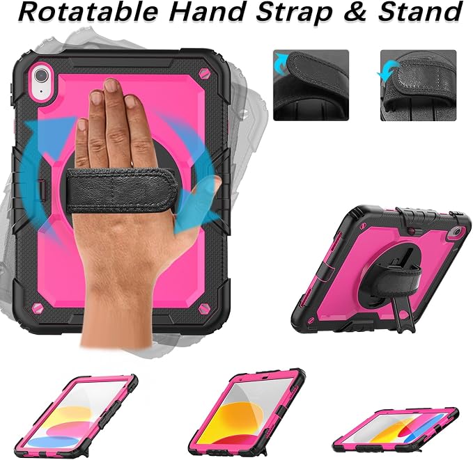 Weuiean Case for iPad A16 11th/10th Generation 11/10.9 Military-Grade Heavy-Duty Shockproof Cover with 360° Rotating Stand Built-in Pencil Holder &amp Adjustable Hand/Shoulder Strap - Black