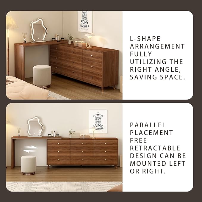 Makeup Vanity Desk with Cloud HD Lighted Mirror, 70-110in Extendable Modern Vanity Table, 9-Drawer Solid Wood Frame Storage Cabinet, Dressing Table for Bedroom, Brown