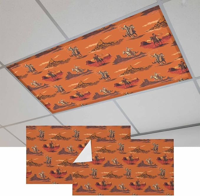Cowboys Horses 2 Pcs Fluorescent Light Covers 4 x 2 Feet, Desert Ethnic Winds