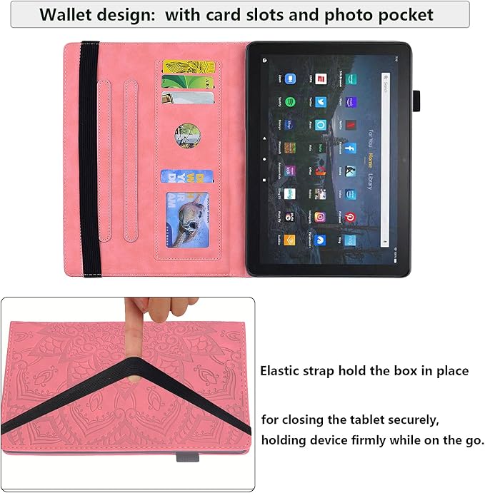 for Kindle Fire HD 8 Tablet (only Fits 10th Generation) &amp Fire HD 8 Plus 8 Case 2020 with Stand/Pencil Holder/Card Pocket/Elastic Band Embossed PU Leather Floral Cover Brown Peacock Flower