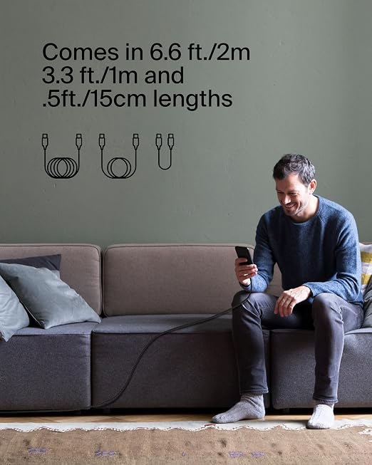 Belkin USB C to USB C Braided Cable 3.3ft iPhone Charger Cord | tangle-free braided cord iPhone 17/16 Samsung Galaxy S25 Pixel 9 MacBook iPad Pro Nintendo Switch 2 travel essential