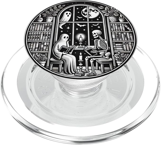 Retro Spooky Bookish Halloween Skeleton Ghost Bookworm Gifts PopSockets PopGrip for MagSafe
