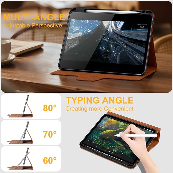 Case for iPad Air 11 M4/M3/M2 5th/4th Gen 10.9 Black | Genuine Leather Pencil Holder Magnetic Closure Smart Cover Auto Wake/Sleep Adjustable Stand