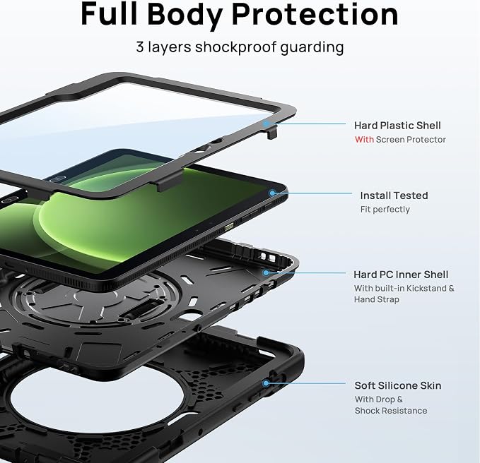 Gerutek Case for Samsung Galaxy Tab Active 5 2024/Active 3 2021 8 Black | Heavy Duty Shockproof Drop Protection Case with Screen Protector 360° Rotating Stand Handle/Shoulder Strap Pencil Holder