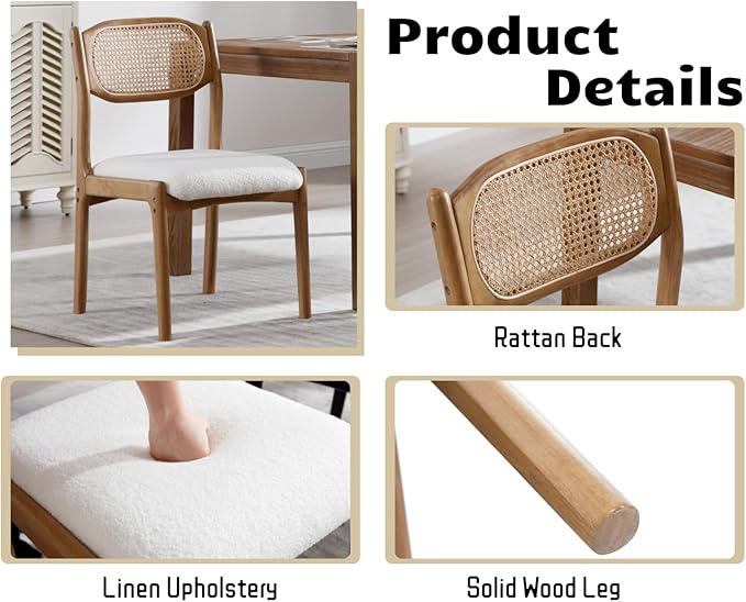 EALSON Mid Century Modern Rattan Dining Chairs Set of 4 Upholstered Sherpa Boucle Dining Room Chairs with Cane Back Farmhouse Kitchen Chairs Comfy Side Chairs with Hardwood Frame,Cream