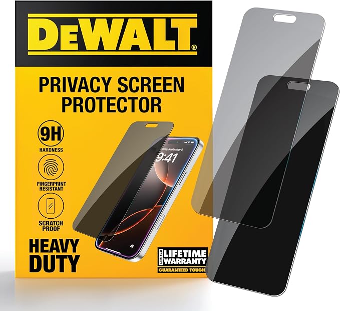 DEWALT Heavy Duty 2Pack Privacy Screen Protector for iPhone 13 Pro Max/14 Plus Sensor Protection Dynamic Island Compatible AntiSpy Tempered Glass [9H Hardness] Case Friendly High Response HD Quality