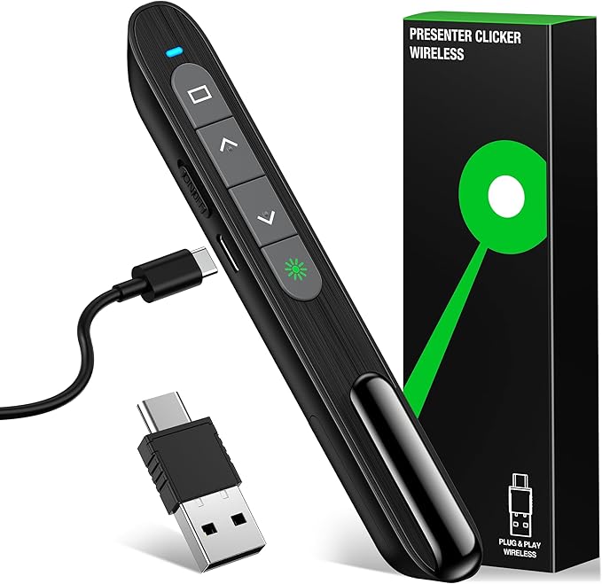 2 in 1 USB Type C Rechargeable Presentation Clicker with Green Pointer, Wireless Presenter for PowerPoint Presentation PPT Clicker, 2.4GHz Presentation Remote Slide Advancer for Computer MacBook