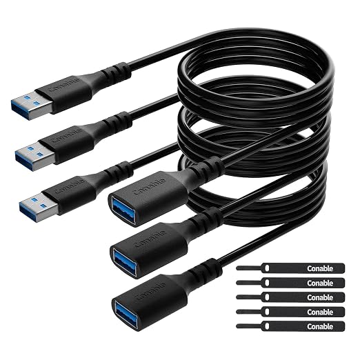 3 Pack USB 3.0 Extension Cable 10 Feet USB A Male to Female Extender Cord 5Gbps Data Transfer for Webcam Printer Keyboard Mouse Flash Drive Hard Drive Controller Black Cable with 5 Cable Ties
