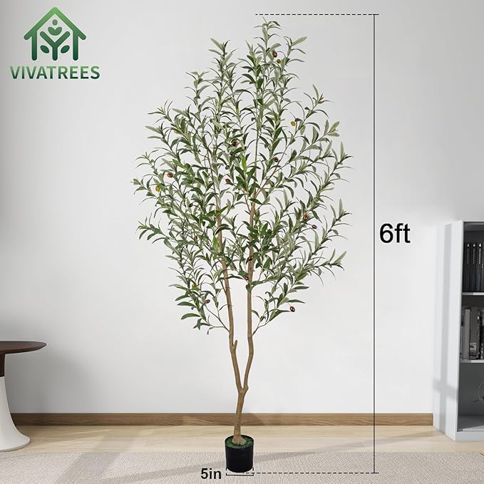 Artificial Olive Tree, 6FT Tall Faux Olive Tree with Pot, Artificial Plants with Natural Wood Trunk and Lifelike Fruits for Home Office Decor