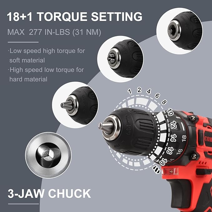 COMOWARE Cordless Drill Set, 12V Power Drill, 1 Battery, 3/8" Keyless Chuck,0-450 & 0-1500 RPM, 10pcs Screwdriver Bits, Red