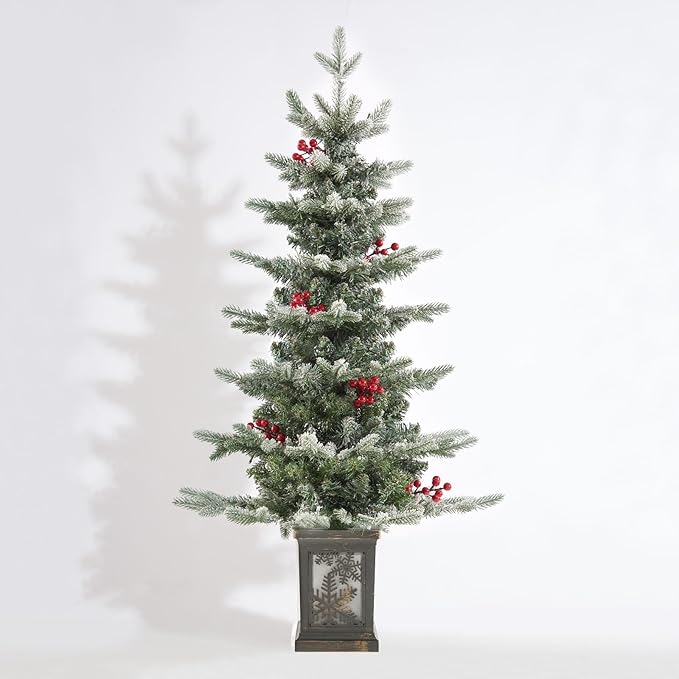 Small Pre-Lit Christmas Tree with LED Lights - 3.5 FT Snow Flocked Ariticifial Tree with Vintage Snowflake Base, Battery Operated & Auto Timer for Home Office Xmas Decor