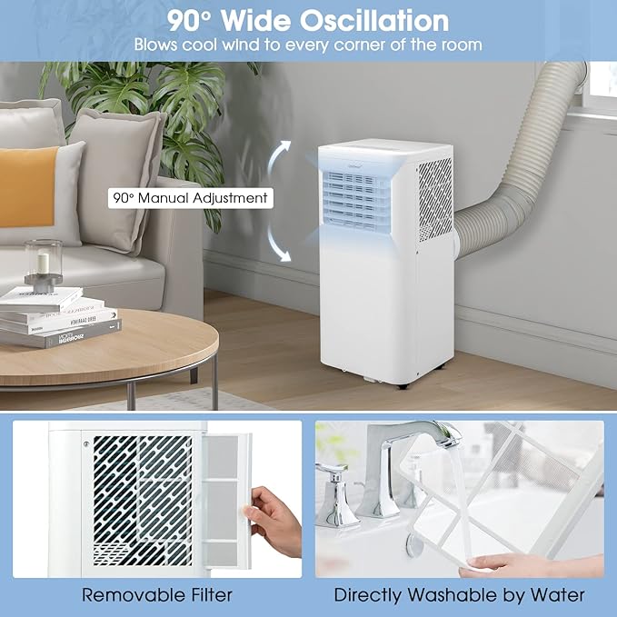 COSTWAY Portable Air Conditioner, 8000 BTU AC Unit with Built-in Dehumidifier, Fan Mode, Sleep Mode, 24H Timer, Remote Control, Window Installation Kit & Remote Control, Cools up to 250 Sq. Ft