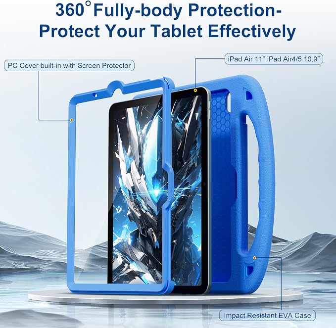Kids Case for iPad Air 11-Inch (M4/M3/M2 2026/2025/2024) | iPad Air 5th Gen (2022) / 4th Gen (2020) 10.9 Shockproof Cover with Built-in Screen Protector and Stand (Black+Blue)