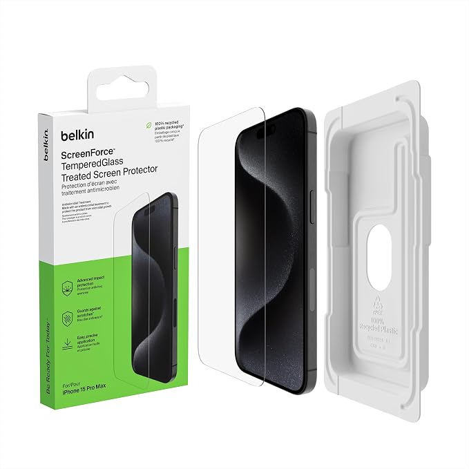 Belkin ScreenForce TemperedGlass Treated Screen Protector for iPhone 15 Pro Max - Slim &amp Scratch-Resistant - Includes Easy Align Tray for Bubble Free Application