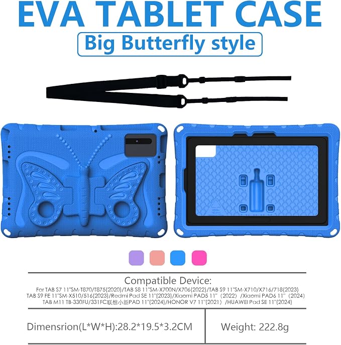for Samsung Galaxy S9/S9FE/S8/S7 11 Butterfly Wings Kickstand Kids Girl Tablet Case EVA Material Light Weight Shockproof Kids Case for Lenovo M11 Xiaomi PDA 5/6 Redmi Pad SE (Blue)
