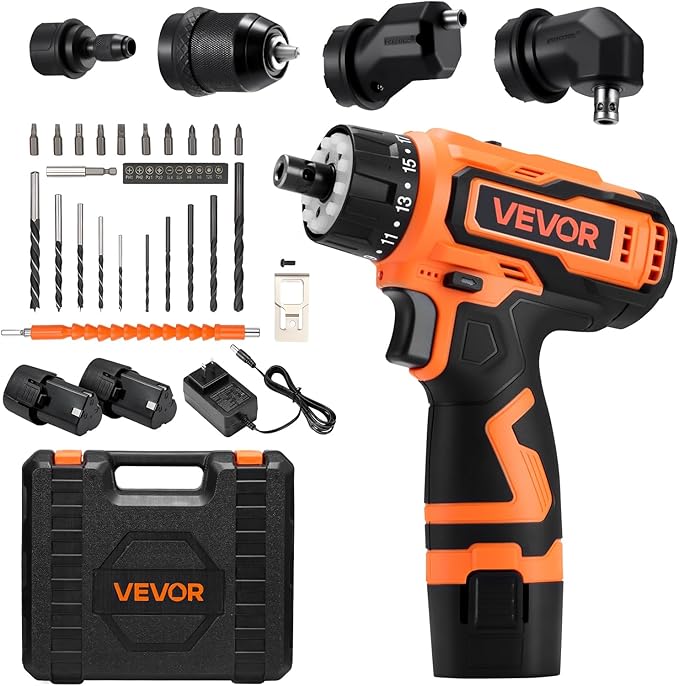 VEVOR Cordless Drill Driver, 5-In-1, Metal Chuck, Dual-Speed Variable, Drill Driver Kit with 2 Lithium Batteries and Charger, Tool Box, for Wood and Metal Drilling, Screw Tightening or Loosening