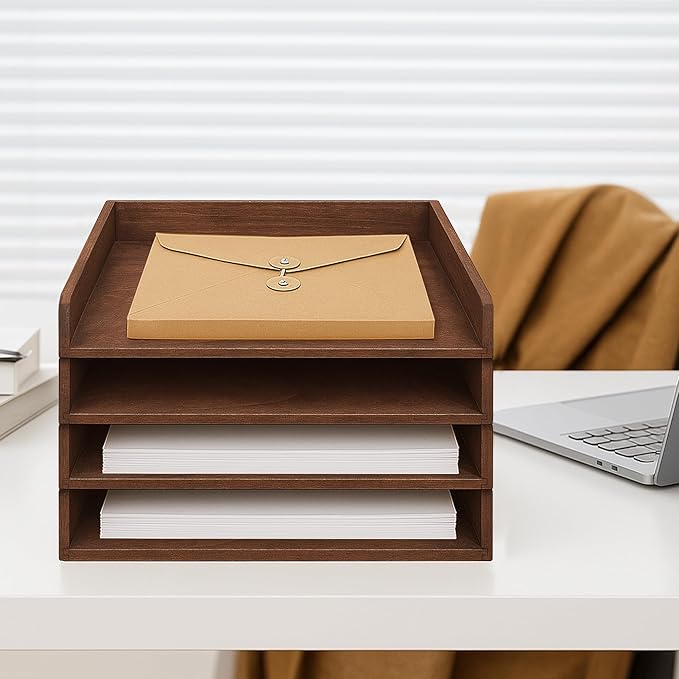 PROLEE Wooden Paper Tray Organizer for Desk,Stackable Paper Holder and Letter Tray,4-Tier Desktop File Storage Rack for Study,Home and Office(Walnut,14" x 9.5" x 2.5")