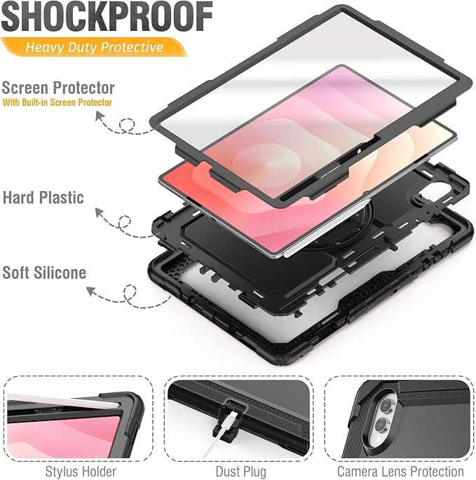 HXCASEAC Case for Samsung Galaxy Tab S10+ Plus / S9 Fe+ / S9+ 5G 12.4 inch Protective with Screen Protector/S Pen Holder/ 360 Rotating Stand Hand Strap - Black