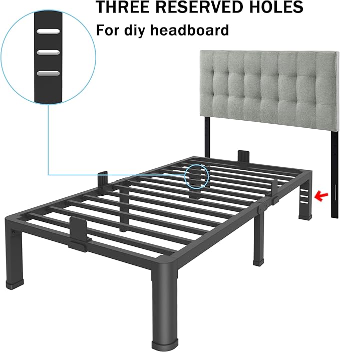 FUIOBYVV 10 Inch Twin Bed Frame with Rounded Corner and Headboard Hole Mattress Retainers 3500 LBS Metal Heavy Duty Steel Slats Support No Box Spring Needed Platform Noise Free Easy Assembly