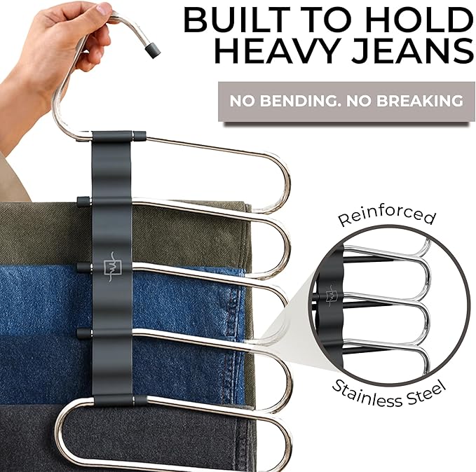 MORALVE Pants Hangers Space Saving - 2 Pack - Non-Slip Multi-Layer Space Saving Hangers - Multifunctional Clothing Rack for Closet Storage - Ideal for Jeans, Trousers, Skirts, Scarves & Slacks (Black)