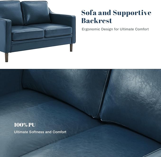 Kingfun Living Room Furniture Sets, 2 Armchair and Loveseat, Mid Century Modern Sofa Set, Faux Leather Couch with Solid Wood Frame for Living Room & Bedroom, Royal Blue