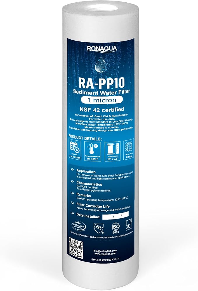 Ronaqua 1 Micron Sediment Water Filter Cartridge 10"x2.5", NSF Certified
