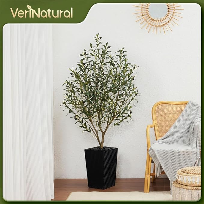 Artificial Olive Tree 5FT Indoor&Outdoor Faux Plant - UV Resistant Large Fake Tree with Black Planter & Pebbles, Realistic Tall Potted Artificial Trees for Modern Home Decor Office Living Room VN132
