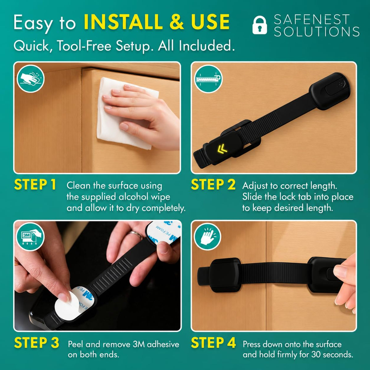 SAFENEST Child Proof Cabinet Locks (5 Pack Black) 3M Adhesive for Cabinets and Drawers, Fridge, Drawer Locks Baby Proofing, No Drilling; Alcohol Prep Pads Included