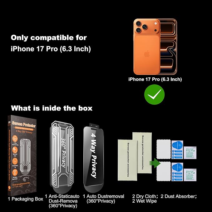 [2-Pack] 360° 4-Way Privacy Screen Protector Compatible with iPhone 17 Pro Max. Full Surround Anti-Spy 9H Hardness Anti-Fingerprint Bubble-Free. Includes Dust-Free Applicator &amp Replacement Fil