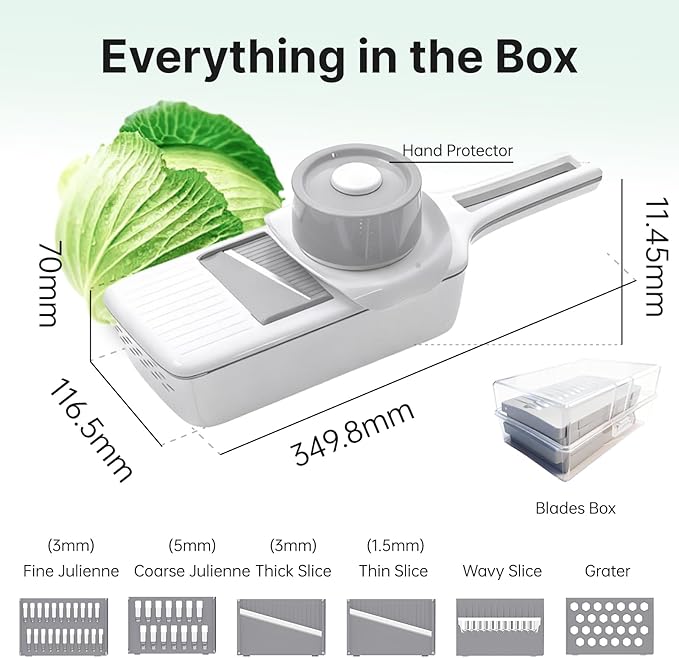 ZKIRON Mandoline Slicer for Kitchen with Drain Box, 6-in-1 Handheld Vegetable Slicer with Safety Hand Guard, Potato Slicer Cucumber Julienne Shredder Grater, Compact Salad Prep (Gray)