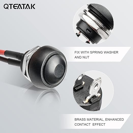 QTEATAK 1/2"(12mm) Pre-Wired Mounting Hole On/Off Mini Round Waterproof Momentary Push Button Switch JF-33B -2Pack