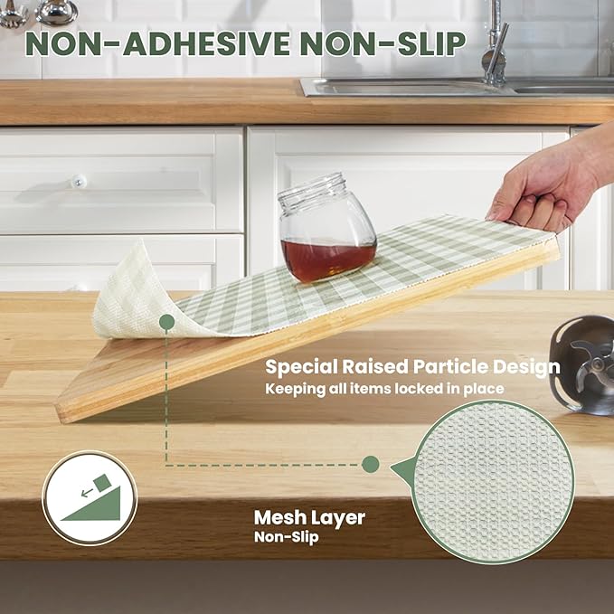 Drawer Liner and Shelf Liner for Kitchen Cabinet Liner Non-Adhesive Non-Slip Shelf Paper, Thick Strong Grip Waterproof Easy to Clean for Shelves, Cupboard, Desks, Green Plaid Pattern, 23.6 in x 20 FT