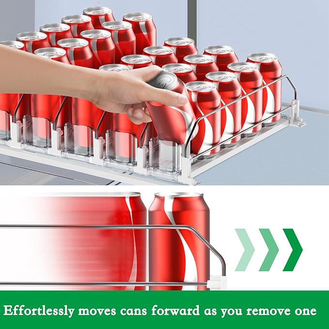 Drink Organizer for Fridge-White Automatic Pusher Glide,12oz 16oz 20oz-Soda Dispenser for Fridge-Holds up to 25 Cans