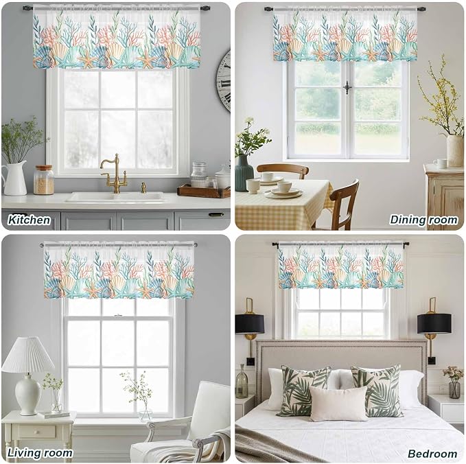 Summer Beach Sheer Valance Curtains, Ocean Colorful Coral Shell Seaweed