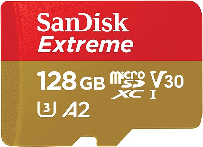 SanDisk 128GB Extreme microSDXC UHS-I Memory Card with Adapter - Up to 190MB/s, C10, U3, V30, 4K, 5K, A2, Micro SD Card - SDSQXAA-128G-GN6MA