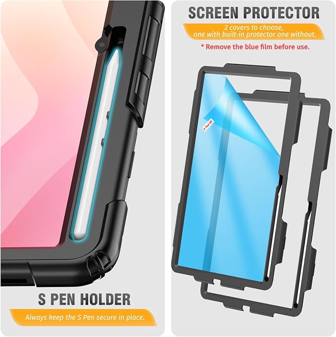 HXCASEAC Case for Samsung Galaxy Tab S10+ Plus / S9 Fe+ / S9+ 5G 12.4 inch Protective with Screen Protector/S Pen Holder/ 360 Rotating Stand Hand Strap - Black