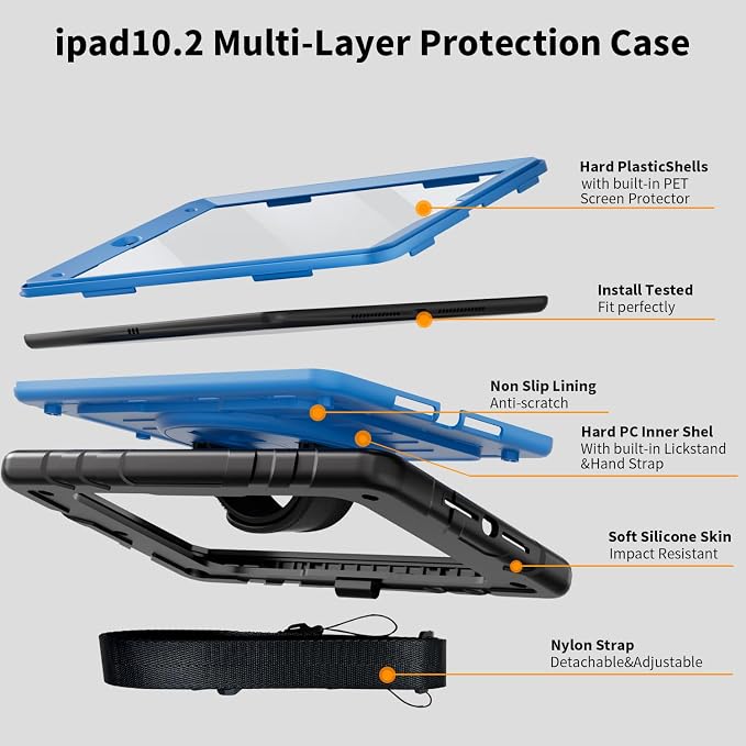 Case for iPad 9th/8th/7th Generation-Built-in Screen Protectorwith Pencil Holder&amp360°Rotating Hand StrapShoulder StrapCase for iPad 10.2 inch 2021-2019(Black)