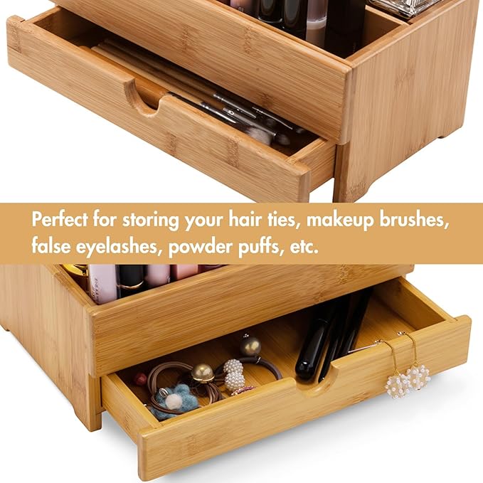 GOBAM Bamboo Makeup Organizer and Storage with Drawer, Wooden Cosmetic Organizer Countertop for Bathroom, Bedroom, Kitchen & Dresser, Desk Organizer with Drawers and Make up Vanity Station - Medium