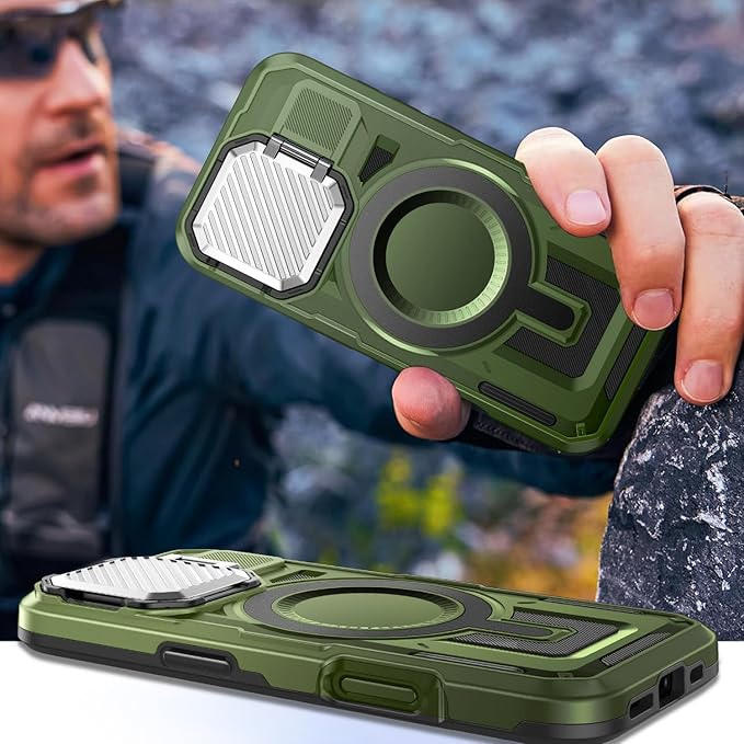 Camera Stand Case for iPhone 16, [Compatible with Mag Safe] [Lens Cover] 2024 Version Military Grade Protective Soft Case for iPhone 16 6.1 inch Men Women, Green