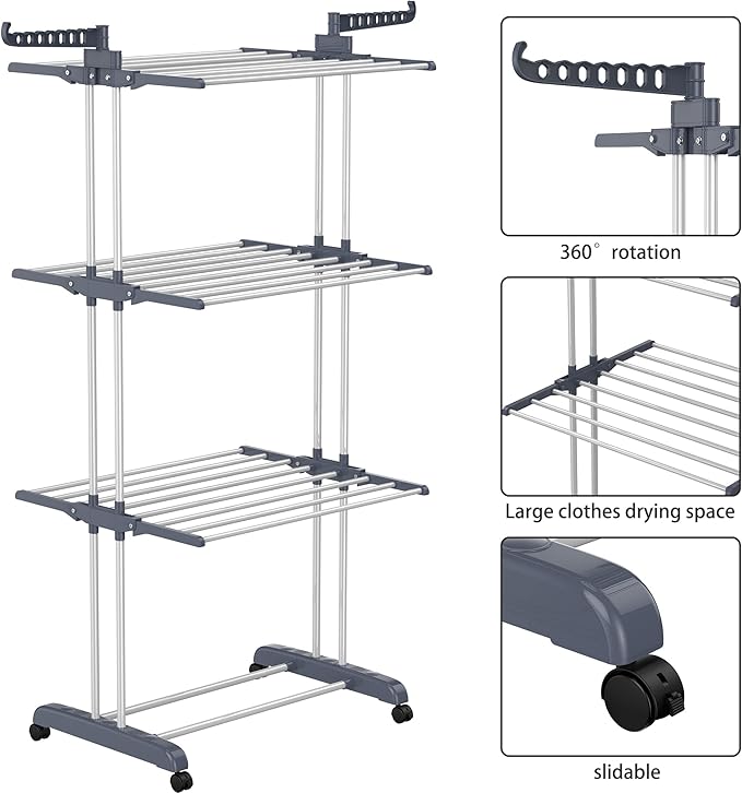 HOMIDEC Clothes Drying Rack, Oversized 4-Tier(67.7" High) Foldable Stainless Steel Drying Rack Clothing, Movable Drying Rack with 4 castors, 24 Drying Poles and 14 Hooks for Bed Linen, Clothing, Grey