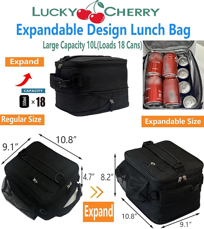 Expandable(18cans) Lunch Box Insulated Lunch bag for Men Kids Boys Teens Adult Portable Stylish Small Lunchbox With Shoulder Strap for Working Office school Picnic
