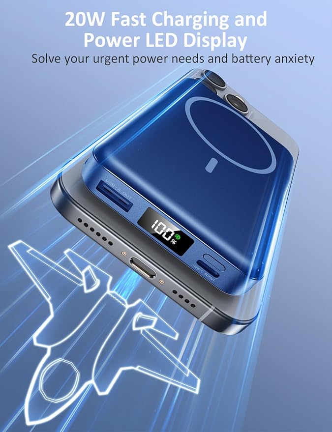 Magnetic Portable Charger, 10000mAh Power Bank, 5 in 1 Portable Charger with Built in Cable, 20W Fast Charging for Magsafe Battery Pack Compatible with iPhone 16/15/14/13 Pro/Pro Max, Samsung Series