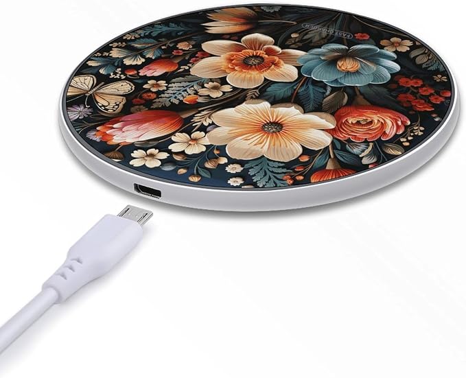 Floral Pattern Wireless Charger with USB Cable Qi-Certified 10W Fast Wireless Charging Pad Portable Charging Station Anti-Slip Slim Charger Mat for All Qi-Enabled Phones
