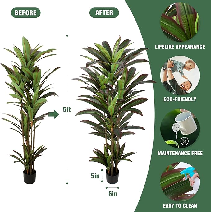Dracaena Artificial Plant 5ft Red Yucca Silk Tree Faux Plants Indoor Tall Fake House Floor Plants Realistic Artificial Trees for Home Office Decor Indoor Outdoor Housewarming Gift