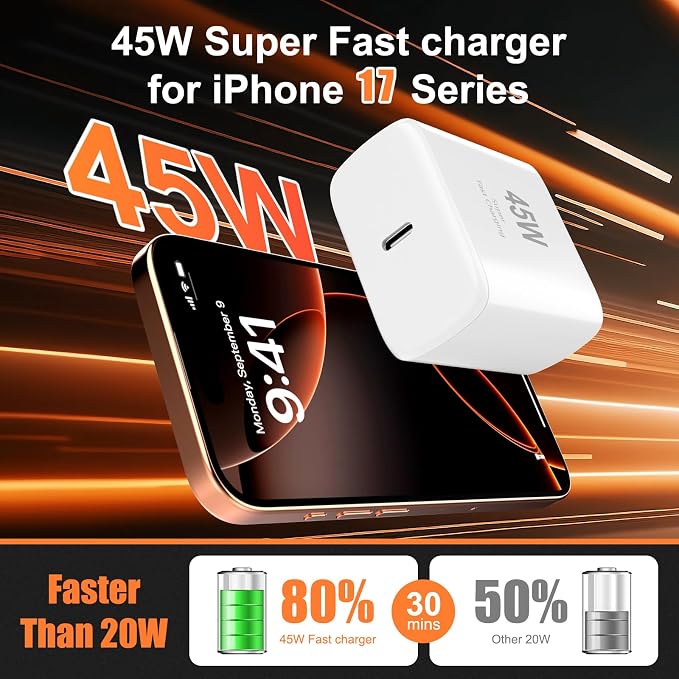 45W USB C Charger Compatible with iPhone 17/17 Pro/17 Pro Max/Air/16/16 Pro/16 Pro Max/15/15 Pro Max2Pack 6.6FT Type C Charger Block &amp CableSuper Fast Charging for Samsung Phone