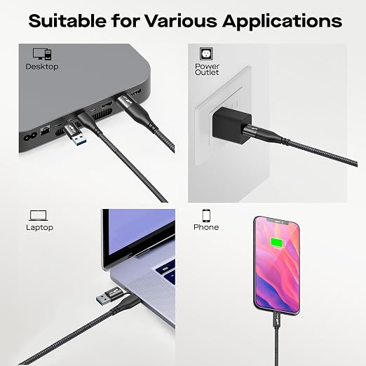 MP Mobile Pixels 2-in-1 USB Cable 3A/5.0 Gbps USB C to USB Type A/C Cable | USB Type C to USB Type A/C Cable with Right Angle Head for Mobile Pixels Laptop Screen Monitors (3ft Black)