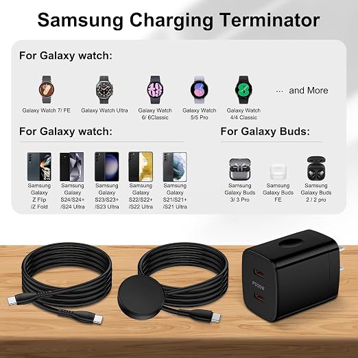 Samsung Watch Charger Fast Charging for Samsung Galaxy Watch 8 Classic/8/Watch 7/Ultra/6 Classic/6/5 Pro/5/4/3/Active2/Active25W Dual USB C Block Charger 6FT Type C Magnetic Wireless Charging Cable