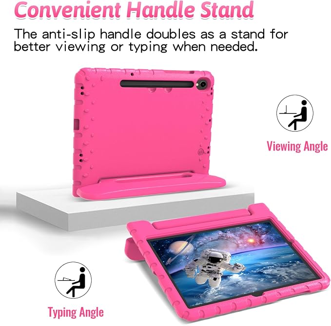 Heavy Duty Kids Case for Samsung Galaxy Tab S7 FE/S7 Plus/S8 Plus 12.4 inch | Rugged Protection Cover for Galaxy Tab S8+/Tab S7 FE/S7+ 2022/2021/2020 with S-Pen Holder Handle StandEVA Foam Rose Red