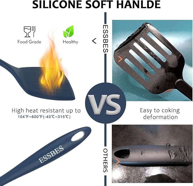 ESSBES Extra Large Silicone Turner - 600F Heat Resistant Nonstick Flexible Kitchen Spatula, BPA Free Dishwasher Safe Utensils, Nonslip Grips One Piece Cookware Suitable for Cooking Baking (Blue)