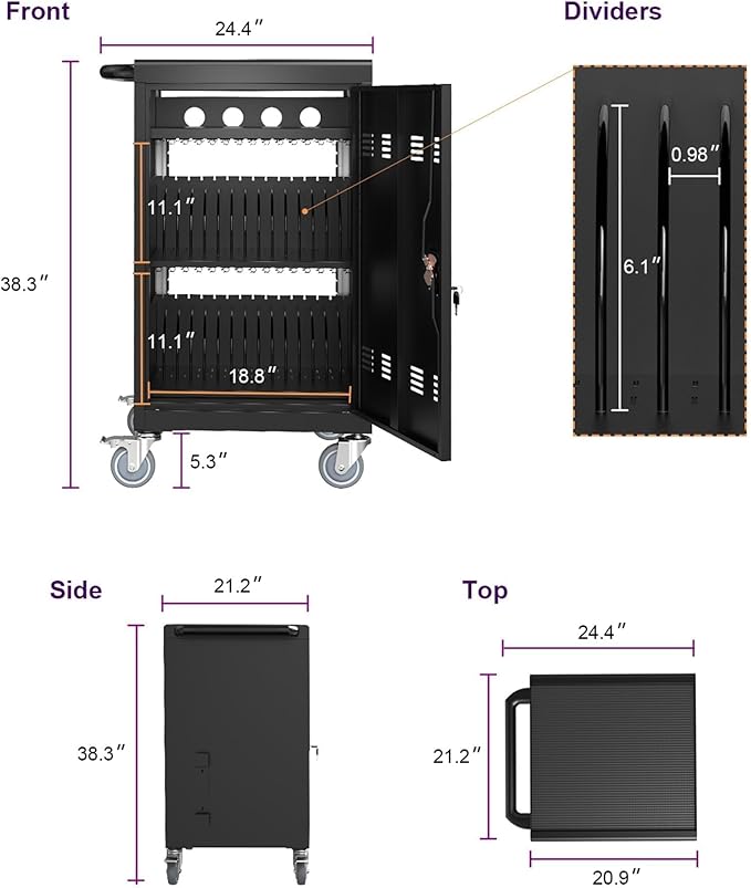 32-Bay Mobile Charging Cart with Keyed Lock, Steel Laptop & Tablet Charging Cabinet with Cable Management, Rolling Power Station for Classroom, Office, School, Library